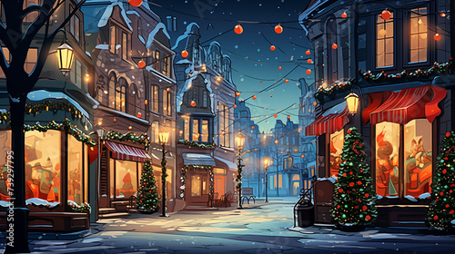 Fototapeta Naklejka Na Ścianę i Meble -  art illustrations showcasing a charming street and city with snowfall in watercolor style