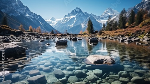 Alpine lake surrounded by snow-capped mountains, crystal clear water revealing the rocky bottom, pristine and untouched nature, Photography, high-resolution ima © ProVector