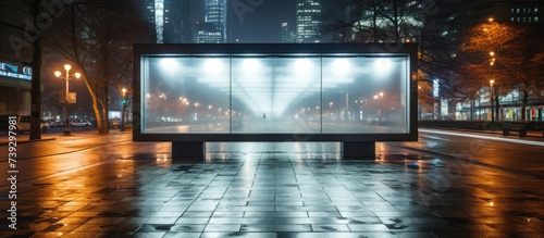 Blank illuminated billboard with copy space for mockup, advertising banner, public information board in night city