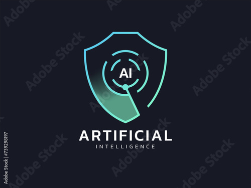 AI future technology protection shield protect and scanning for cyber security, data, intelligence search, check, examine, audit, follow, finding, verify, survey, analyze logo vector design concept.