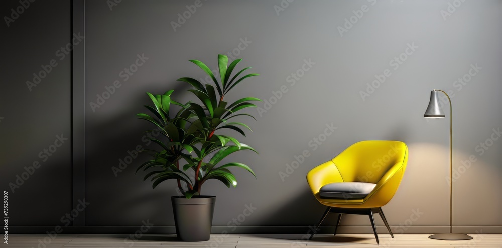 plant and a chair are in front of a gray wall.