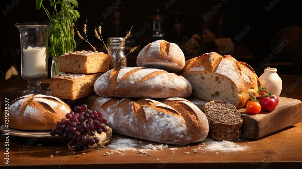 A vibrant array of freshly baked goods, from rustic loaves to delicate pastries, the warm colors and intricate textures contrasting beautifully with the stark w