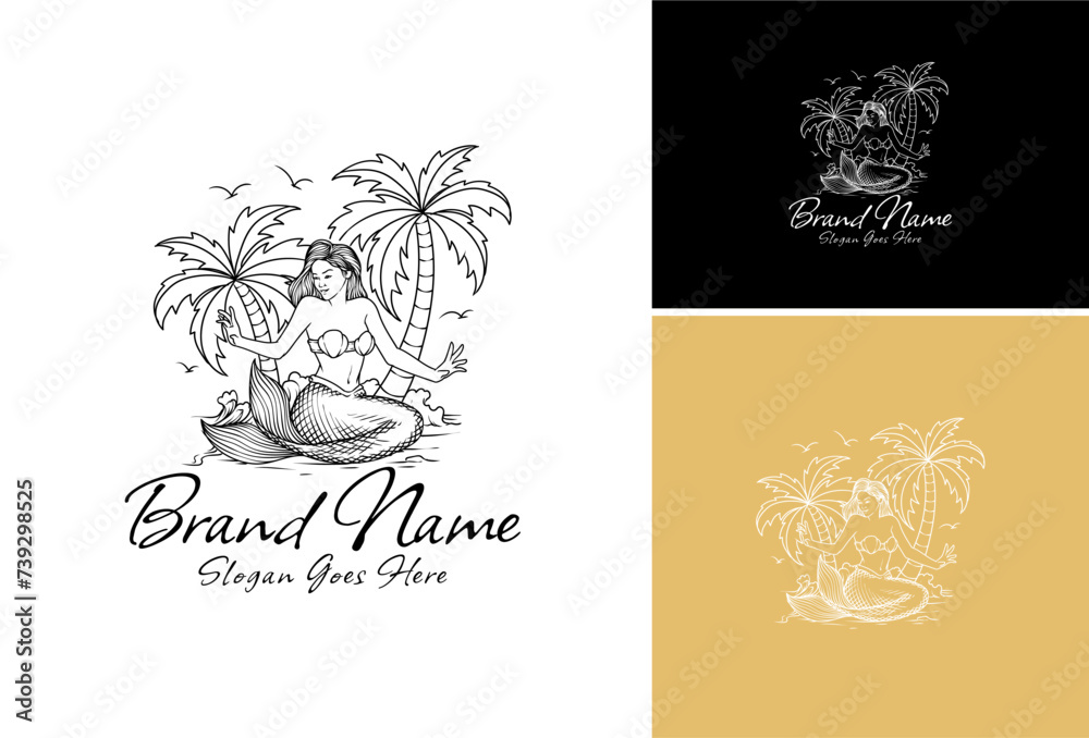 A beauty mermaid is sitting on the beach, and two palm trees are growing near her, illustration set logo.
A beauty mermaid is sitting on the beach, and two palm trees are growing near her, illustration set logo.