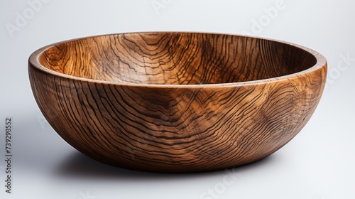 An artisan-crafted wooden bowl, its grain patterns and smooth finish standing out against a minimalist white background, emphasizing the natural beauty and skil