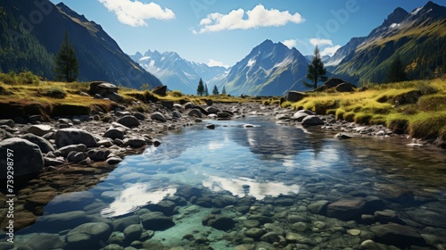 A crystal-clear mountain river winding through a lush valley, the water sparkling under the sunlight