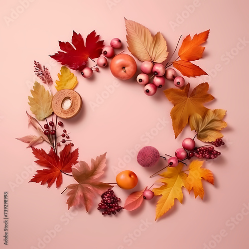 Autumn Leaf Wreath on Pink Background with Copy Space  generative ai
