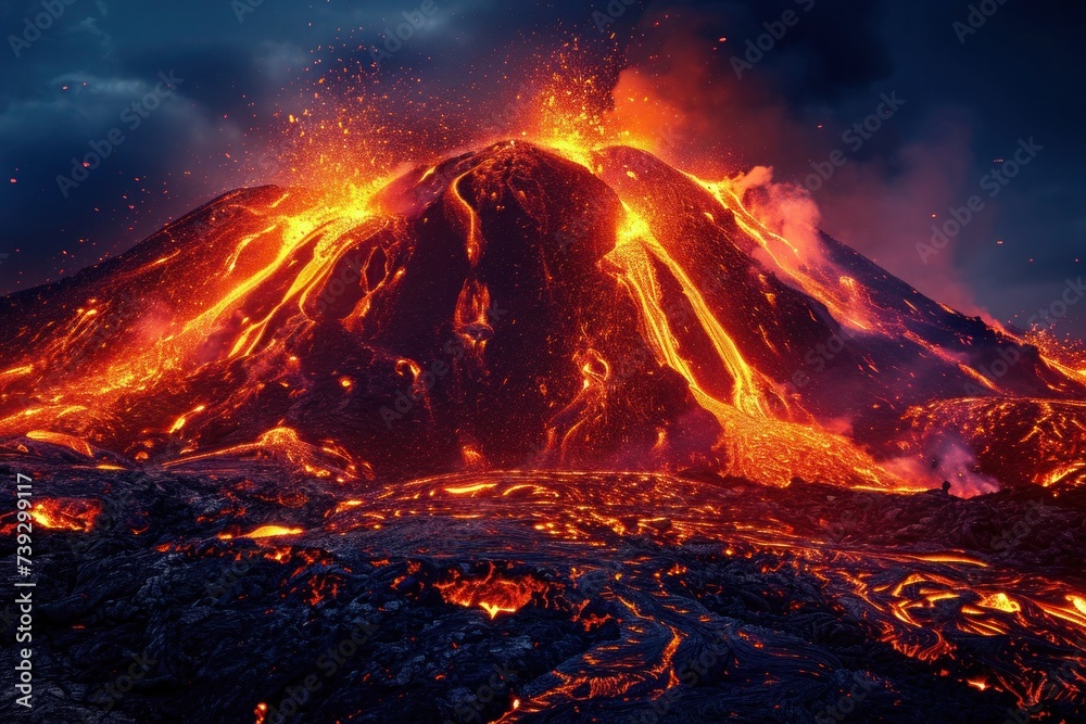 Volcanic chaos: molten lava spews from the crater, creating a striking image of Earth's dynamic forces Volcanic chaos: molten lava spews from the crater, creating a striking image of Earth's dynamic forces