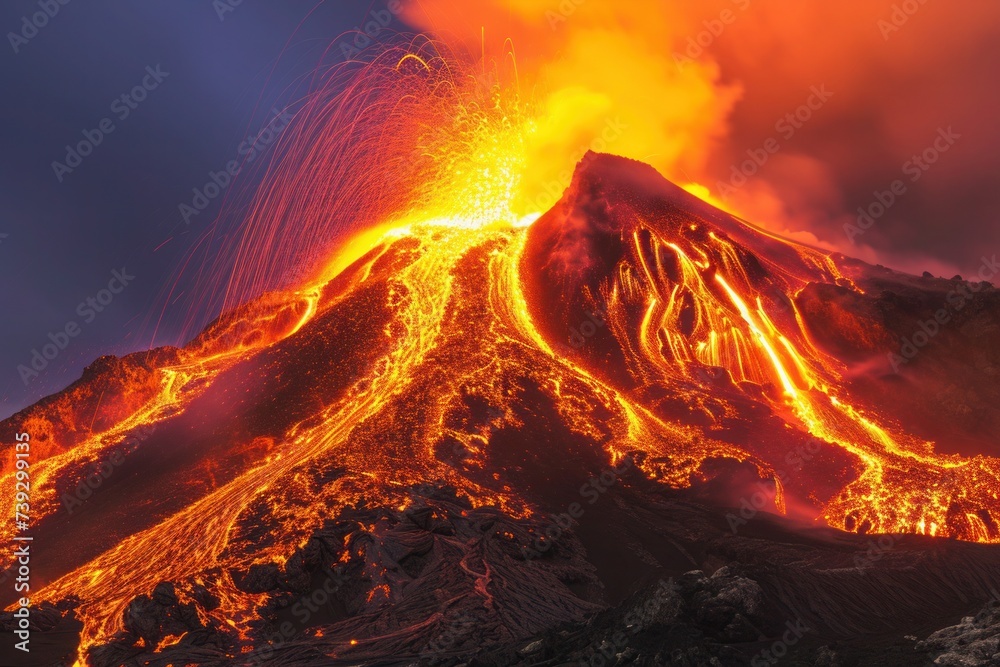 A volcano is erupting with lava spewing out, creating a fiery landscape