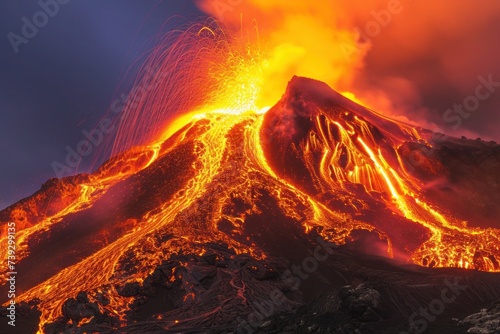 A volcano is erupting with lava spewing out, creating a fiery landscape