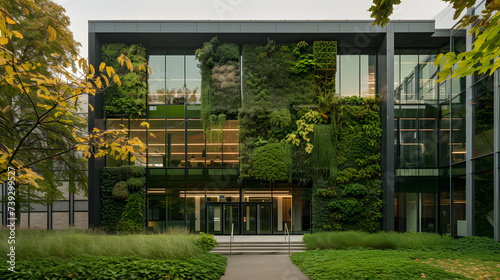 An office building with a vertical garden facade integrating nature into urban structures. photo