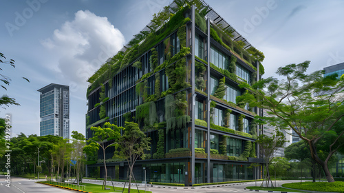 An office building with a vertical garden facade integrating nature into urban structures.