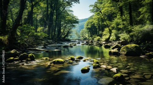 A serene river in a mountain forest  the gentle flow reflecting the surrounding trees and sky  the t