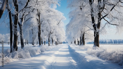A serene winter forest blanketed in fresh snow, the trees standing silent and majestic, their branch © ProVector