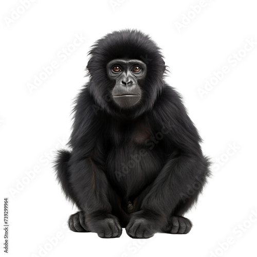 Portrait of a black siamang monkey sitting, front view, isolated on transparent background