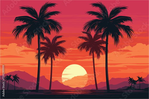 Palm trees silhouettes on tropical summer beach, Sunset on the beach photo