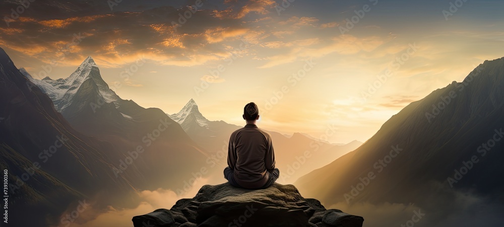 Person in lotus pose, is positioned against the backdrop of towering mountains.