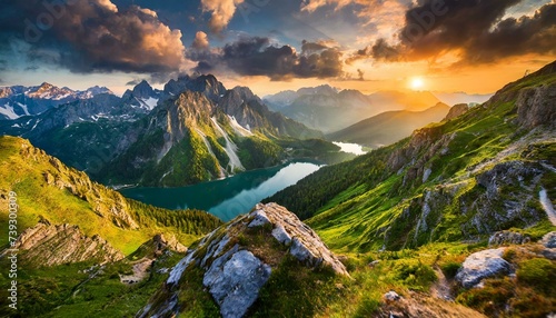 beatiful mountain landscape with lakes  sunset and epic nature