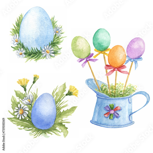 vector watercolor easter cute eggs and watering can