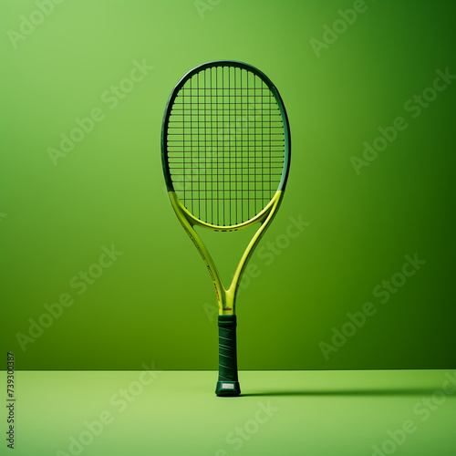 tennis racket on green background.Copy space,top view.Trendy social mockup or wallpaper Sports equipment advertisement. © sunaiart