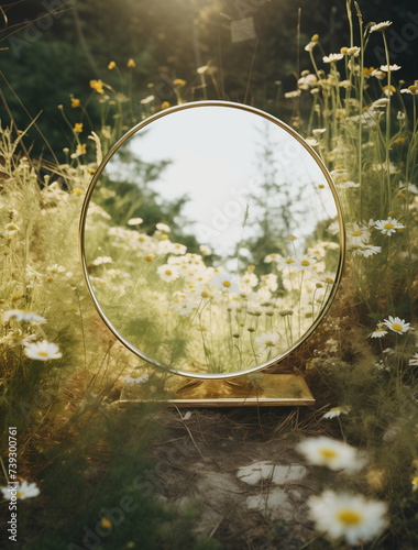 Mirror with the reflection of flowers in the meadow.Minimal creative nature concept.Copy space,top view.Generative AI