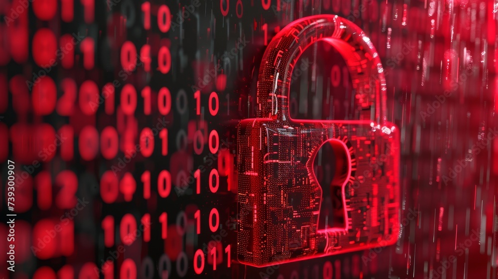 Red digital binary cyber security data breach lock compromising customer trust and loyalty - obrazy, fototapety, plakaty 
