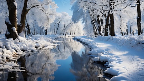 A secluded forest path after a snowfall, the untouched snow a smooth white canvas, the quietness of