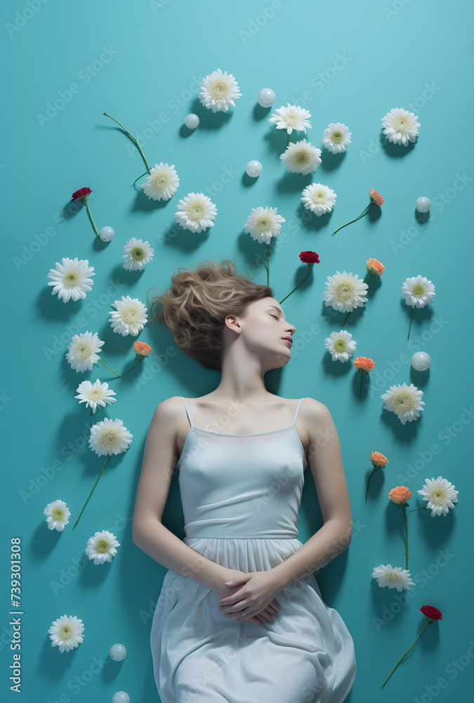 portrait of a sleeping woman with flowers.Spa relaxing moments.Minimal creative fashion and nature concept.Copy space,top view,flat lay.Trendy social mockup or wallpaper spa advertise. portrait of a sleeping woman with flowers.Spa relaxing moments.Minimal creative fashion and nature concept.Copy space,top view,flat lay.Trendy social mockup or wallpaper spa advertise.
