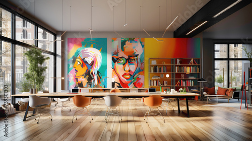 A minimalistic office with light wood floors, white workstations, and colorful wall art. photo