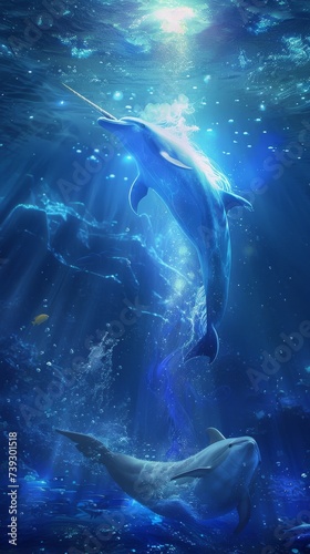 Dreamy essence Illuminate the essence of a unicorn merging with a dolphin embodying ethereal beauty and underwater magic