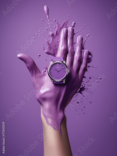  a hand with water-resistant watch, highlighted. Powerful advertisement for watches with the watch in focus in the photograph and a violet paint splash effect.Minimal creative advertise concept. photo