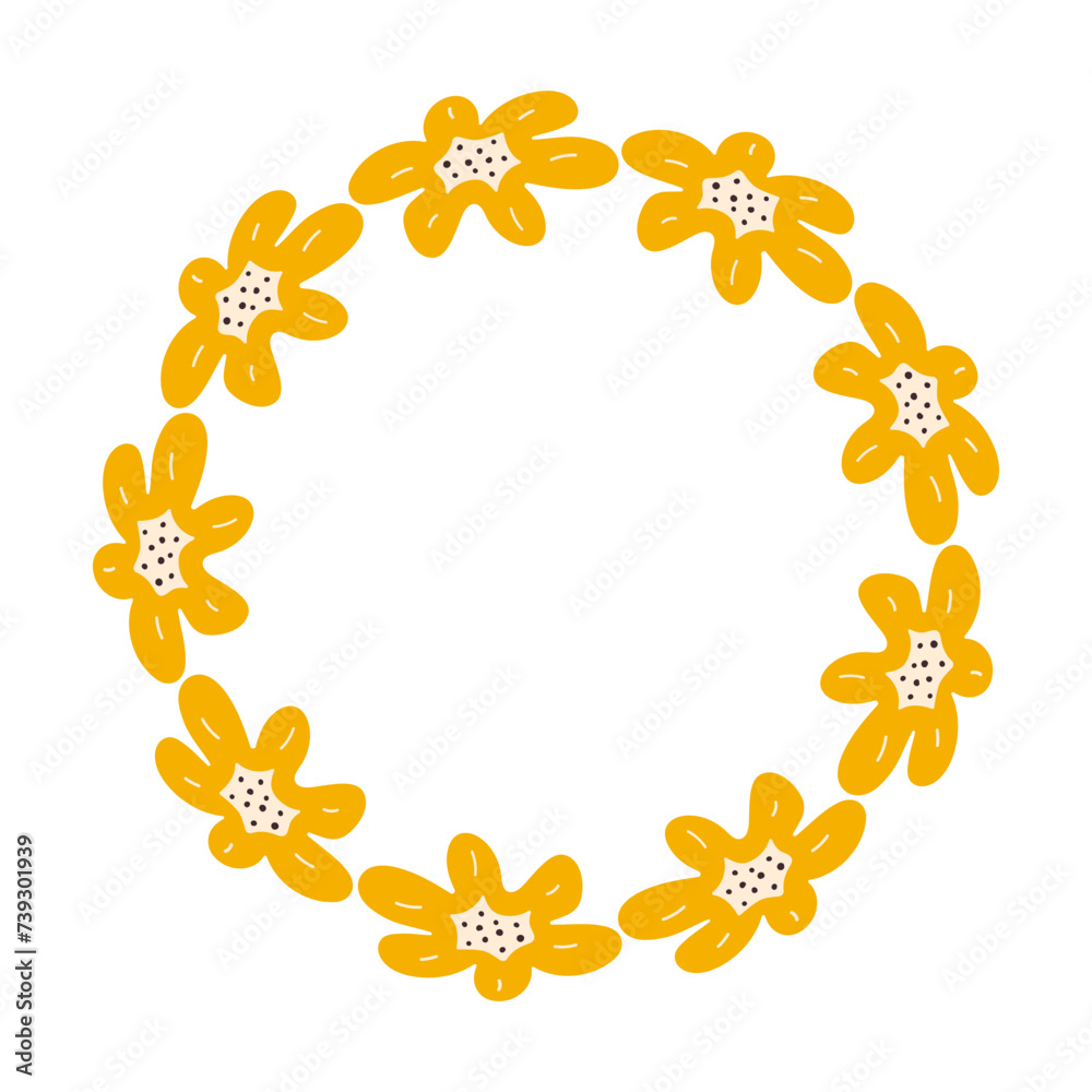 Floral Spring minimalist Wreath with copy space. Hand drawn frame with Yellow flowers. Flat summer decoration elements for invitation cards posters
