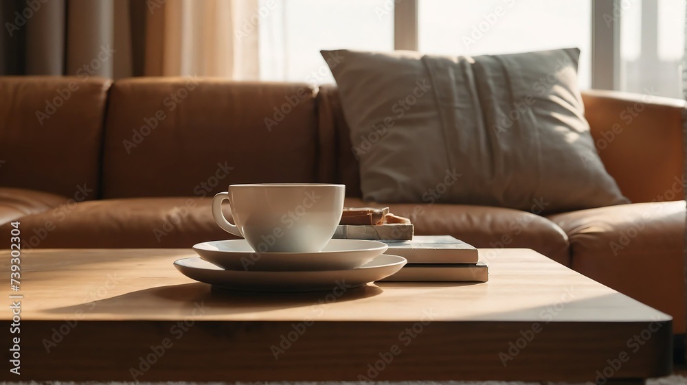 Minimalist living room with wooden coffee table near sofa close-up, light orange theme colors, morning with sunlight rays from Generative AI Minimalist living room with wooden coffee table near sofa close-up, light orange theme colors, morning with sunlight rays from Generative AI