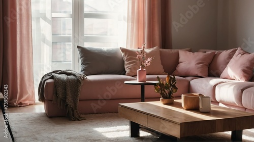 Minimalist living room with wooden coffee table near sofa close-up, light pink theme colors, morning with sunlight rays from Generative AI photo