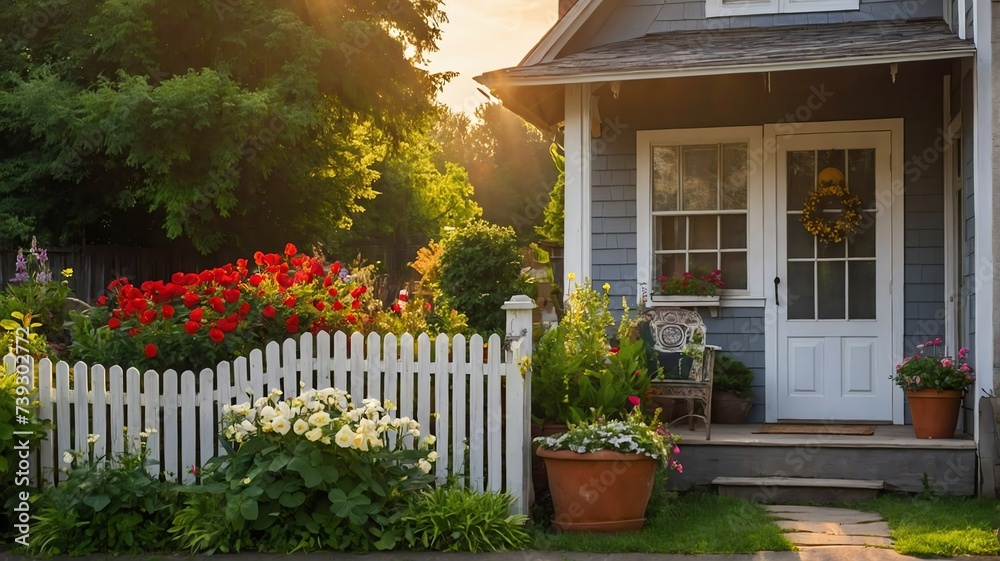Small old antique house with entrance porch and front yard lawn and flower beds, with morning sunlight from Generative AI