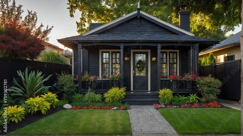 Small old black theme house with entrance porch and front yard lawn and flower beds, with morning sunlight from Generative AI