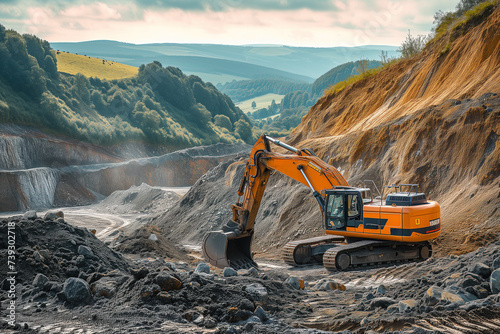 An excavator works in a quarry extracting ore.
