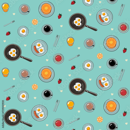 Breakfast table with fresh eggs, seamless pattern