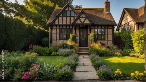 Small old tudor house with entrance porch and front yard lawn and flower beds, with morning sunlight from Generative AI