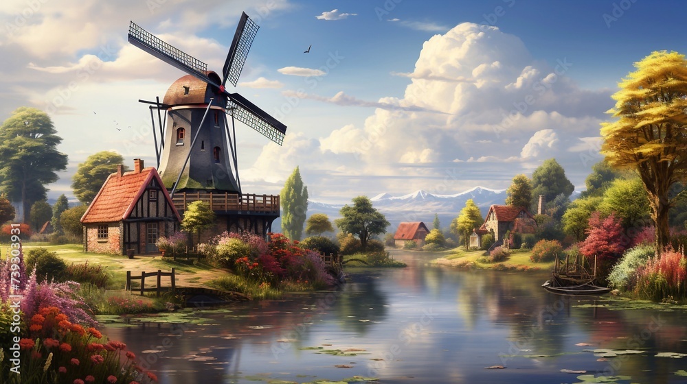 Landscape with tulips, traditional Dutch windmills and houses near a canal in Zaanse Schans, Netherlands, Europe