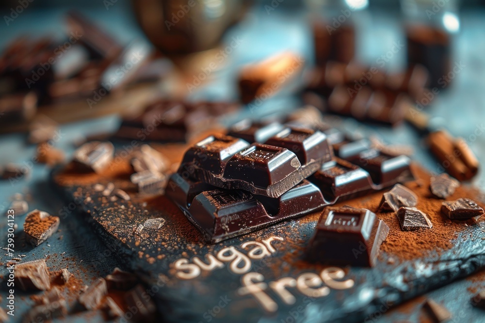 Close-up of dark chocolate pieces on a 'sugar free' engraved slate with cocoa dust.