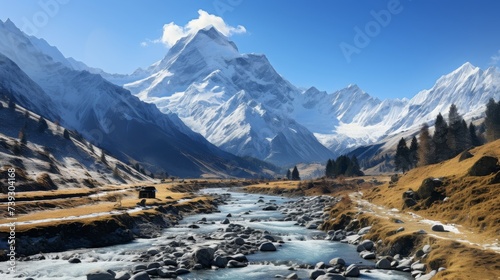 A panoramic view of a majestic mountain range, snow-capped peaks under a clear blue sky, valleys bel