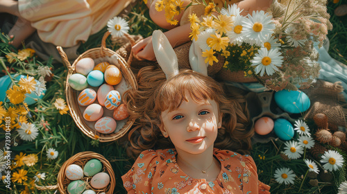 Smiling little kids enjoying Easter holidays with painted decorated eggs and bunny ears on the grass.