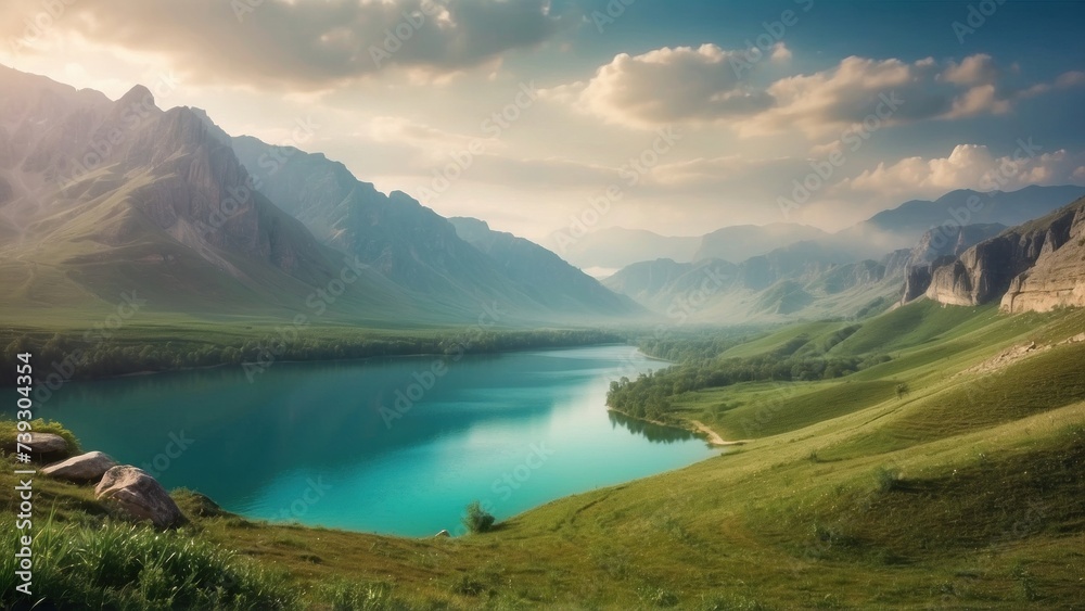 Fototapeta premium Explore a vast and diverse open world landscape of diverse hills, towering mountains and breathtaking lakes