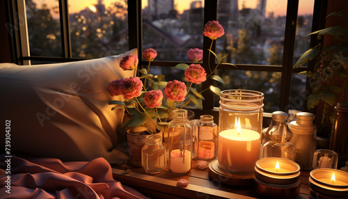 Romance and relaxation in candlelight, a bouquet of natural beauty generated by AI