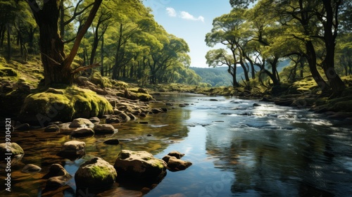 A tranquil river meandering through a lush forest  light filtering through the canopy  creating dapp