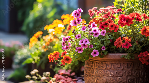 A delightful composition of vibrant summer flowers fills a large pot, adding charm to the garden landscape with its colorful blooms. © Людмила Мазур