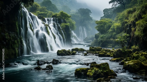 A majestic waterfall cascading down a rocky cliff, mist rising from the thunderous water, the surrou