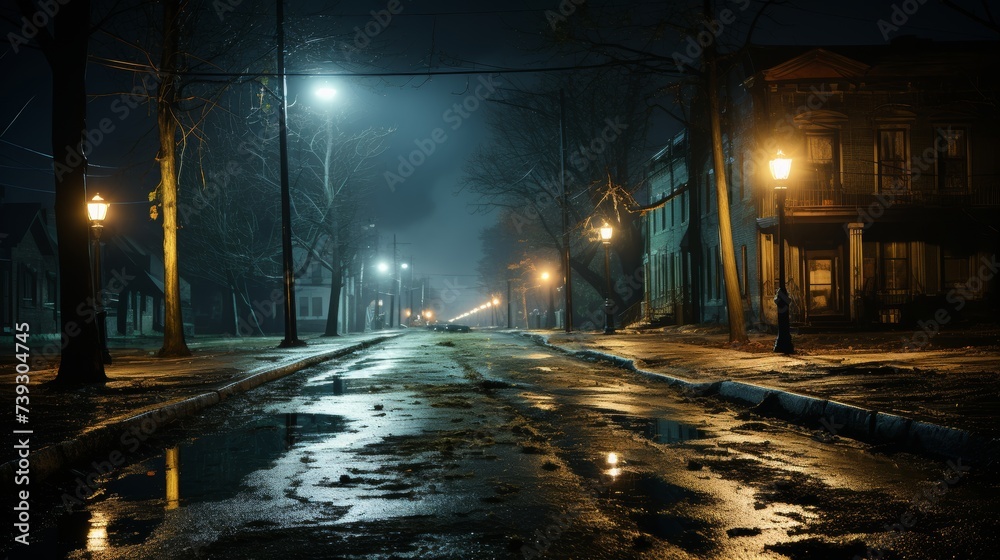 A deserted city street at night, illuminated by the soft glow of streetlights, the architecture cast
