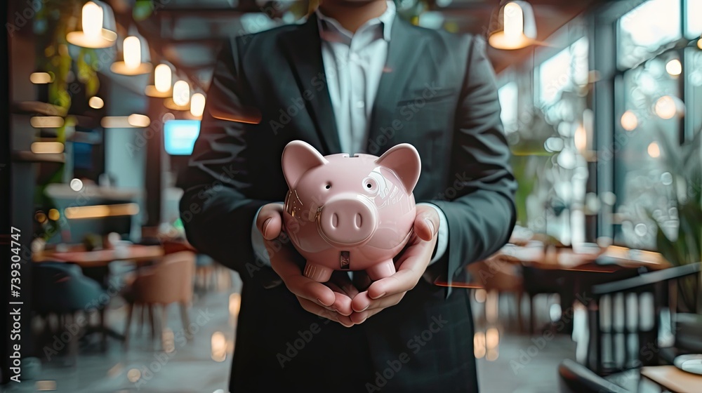 Obraz premium Businessman Holding Pink Piggy Bank for Savings