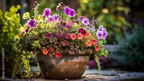 A delightful composition of vibrant summer flowers fills a large pot, adding charm to the garden landscape with its colorful blooms. photo